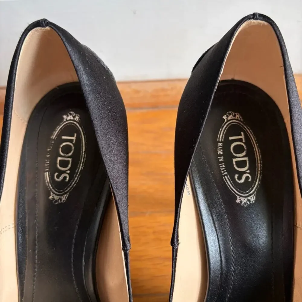 Tod’s | Leather Peep Toe Pumps Heels Mirror Detail Formal Classic Black Size 6.5